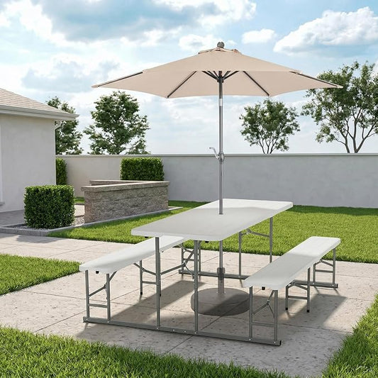 VINGLI Folding Picnic Table and Bench Set with Umbrella, Portable Outdoor Dining Furniture for Camping, Patio, Backyard, Wood Grain Plastic Top with Metal Frame by VINGLI