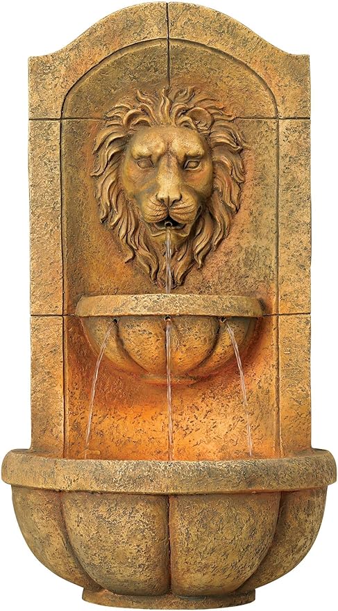 Royal Lion Head 29 1/2" High Large Italian Indoor Outdoor Decor Faux Stone Wall Fountain with Light LED Statue Waterfall Tiered Water Feature for Outside Garden Patio Yard Backyard - John Timberland