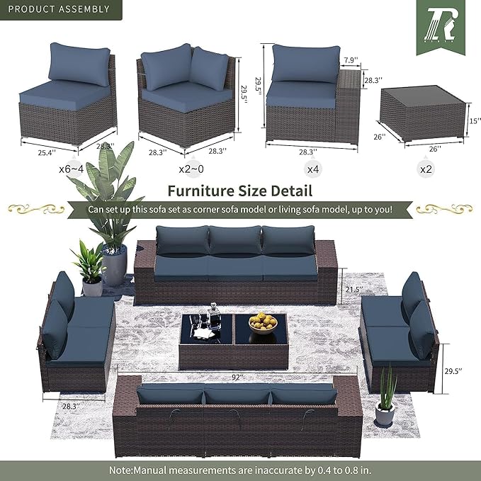 13 PCS Outdoor Patio Furniture Set,Outdoor Sectional Furniture with 43" 55000 BTU Gas Propane Fire Pit Table,All Weather PE Rattan Wicker Patio Conversation Set,Navy Blue