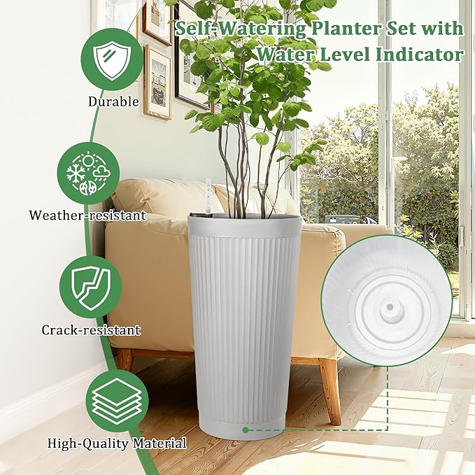 2-Pack 24in Round Plastic Planters with Self-Watering System and Vertical Ribbed Design – Perfect for Home, Patio, Garden Plants