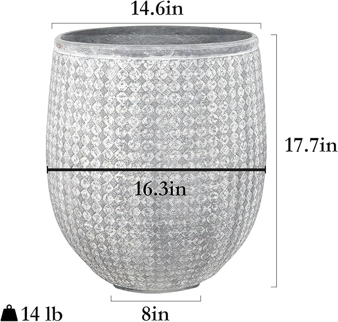 Worth 14.5" Round Planter, Lightweight Magnesium Oxide Cement Plant Pot, Raised Pattern Concrete Look with Drainage Hole for Indoor/Outdoor Use, Grey