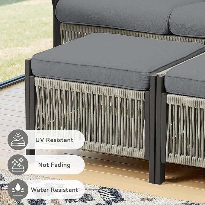 3 Piece Wicker Outdoor Couch, All Weather Rattan 3 Seater Wicker Outdoor Sofa with Ottomans, High Back Deep Seating Patio Conversation Set for Garden Deck Porch (Grey)