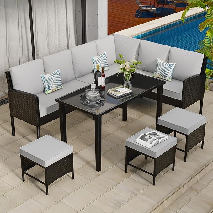 7-Piece Patio Furniture Set, Outdoor Conversation Set with Dining Table & Ottomans, PE Rattan Sofa Set with Throw Pillows and Cushions for Deck Yard Poolside, Gray