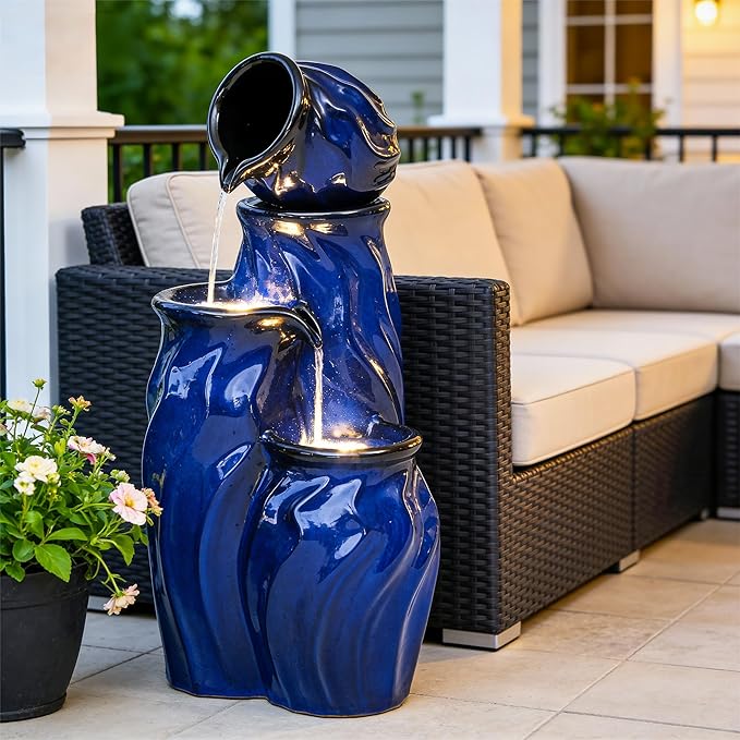 29" Ceramic Water Fountain Outdoor, 4-Tier Dynamic Wavy Outdoor Fountain with Artistic Cobalt Blue Glaze, Decorative Water Feature, Cascading Waterfalls for Serene Garden Patio Yard Porch Decor