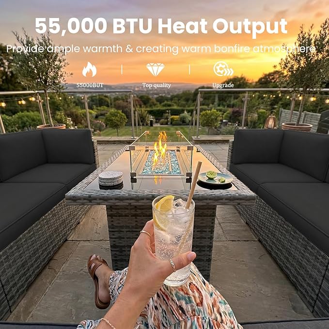 15 Pieces Patio Furniture Set with 44" Propane Gas Fire Pit Table, Outdoor Sectional Wicker Conversation Sofa Sets with Coffee Table