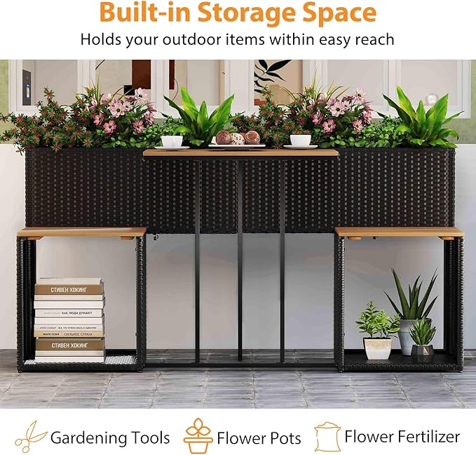 Tangkula Patio Furniture Set with Raised Garden Bed, PE Rattan Garden Planter Table with Built-in Chairs and Storage Space, Acacia Wood Outdoor Conversation Set with Sturdy Metal Frame