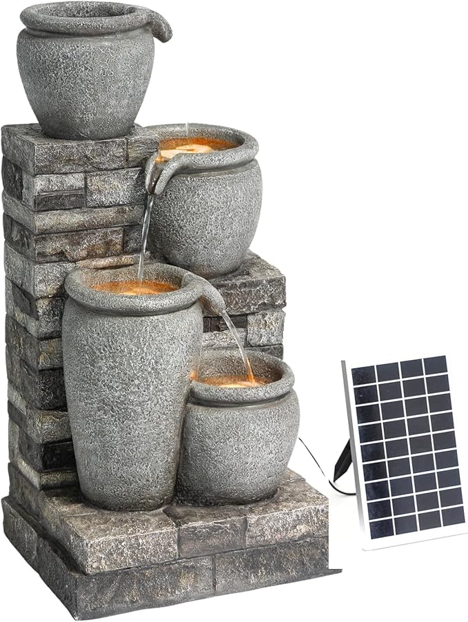 Teamson Home 30.7" 4-Tier Cascading Bowl Solar Powered Water Fountain for Outdoor Living Spaces, Gray