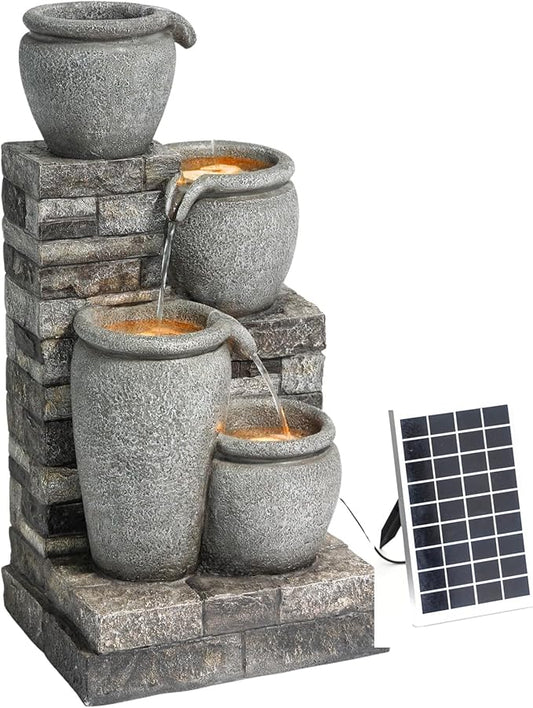 Teamson Home 30.7" 4-Tier Cascading Bowl Solar Powered Water Fountain for Outdoor Living Spaces, Gray