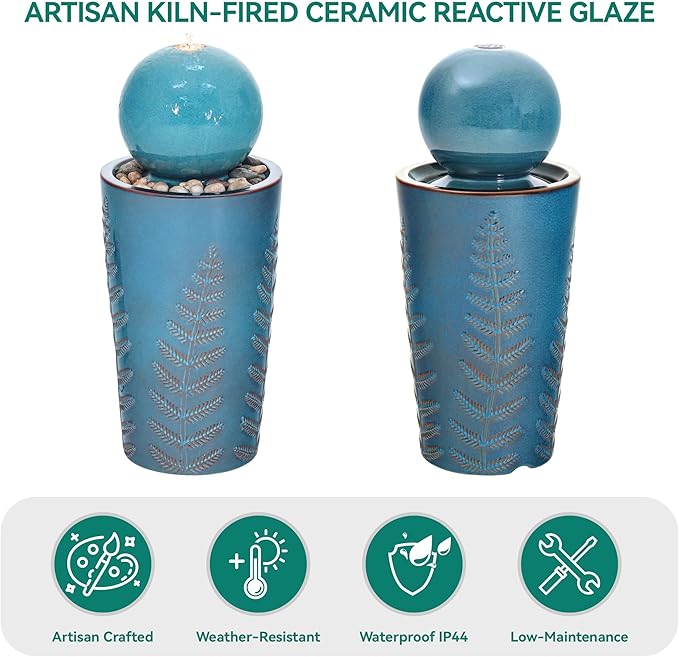 29.5" H Ceramic Sphere Water Fountain with LED Light, Modern Nature-Inspired Design, Teal Blue Glaze with Leaf Patterns & Decorative Pebbles, Soothing Water Feature for Patio, Yard or Garden