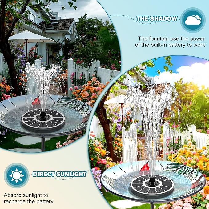 SZMP Solar Bird Bath Fountains Spraying Water in The Shadow, Solar Water Fountain Pump Outdoor Garden 3.5W White Glass Panel with 2000mAh Battery Replaceable Nozzles