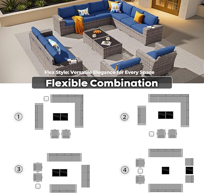 ovios 15 Pieces Patio Furniture Set, Outdoor Wicker Sectional Sofa with Swivel Chairs Coffee Table, Modern Modular Deep Seat Rattan Couch Conversation Sets, Navy Blue
