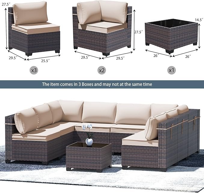 9 Pieces Outdoor Patio Furniture Set,Outdoor Sectional Furniture All Weather PE Rattan Wicker Patio Conversation Set with Coffee Table and 8 Thickened Cushions,Sand