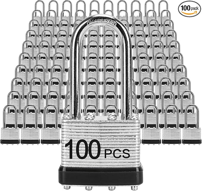 Padlocks with Same Key, LQYN 100 Pcs Laminated Keyed Padlock (1-9/16", 40mm), Keyed Alike Locks, Long Shackle, for Storage Locker, Hasp Latch, Toolbox, Sheds by LQYN