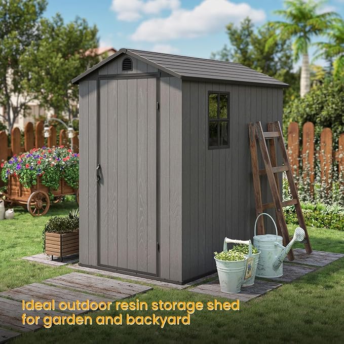Patiowell 4' x 6' Outdoor Storage Shed with Floor, Plastic Shed Outside Resin Tool Shed with Window and Lockable Door for Backyard Garden Patio Lawn, Dark Grey (Fit-it Shed) - Image 7