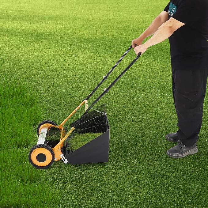 14" Push Reel Lawn Mower,4 Blades Cordless Manual Reel Lawn Mower, 0.47-1.65 Inch Adjustable Cutting Height, Manual Push Mower with Grass Catcher Bag - Image 5