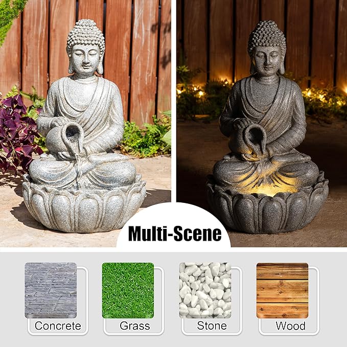 Glitzhome Buddha Fountain Outdoor 20.5" H, 2-Tier Zen Style Concrete Meditating Buddha Statues Water Fountains with Pump & LED Light, Buddhas Floor Fountains Sculpture for Garden Patio Backyard