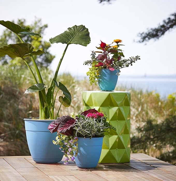 Bloem Dayton Planter with Saucer: 16" - Ocean Blue - 100% Recycled Plastic Pot, Removable Saucer, Elevated Feet, for Indoor and Outdoor Use, Gardening, 8.5 Gallon Capacity