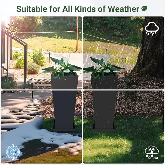 24 inch Metal Tall Planters Set of 2, Durable Taper Planter with Drainage Holes & Insert Shelves & Trays for Outdoor Indoor Garden Patio Front Door