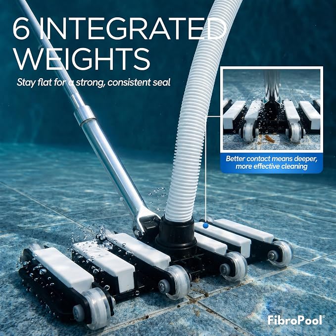 FibroPool Pool Vacuum Head - 14.4" Weighted Flexible Design - Inground & Above Ground Pools - 1.5" Universal Hose Fit - Urethane Wheels - Image 3