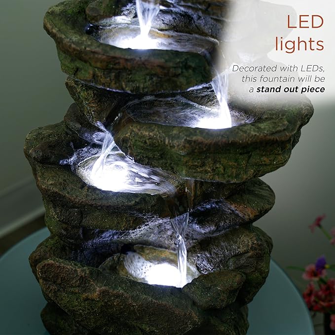 Alpine Corporation 20" H Outdoor Multi-Level Rock Floor Fountain with LED Lights, Brown