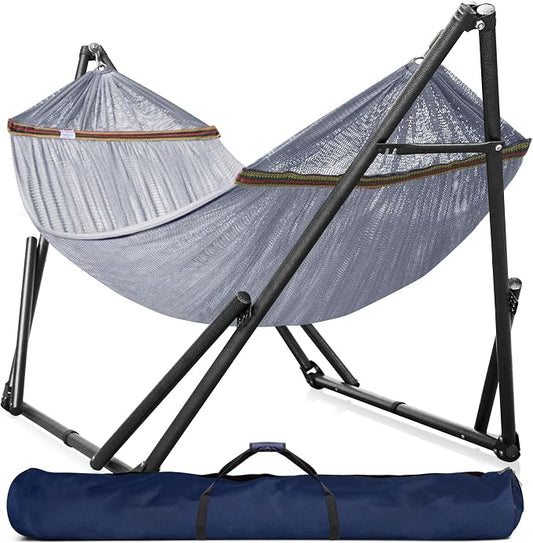 Tranquillo Universal Double Hammock with Stand Included for 2 Persons/Foldable Hammock Stand 600 lbs Capacity Portable Case - Inhouse, Outdoor, Camping, Grey by Tranquillo