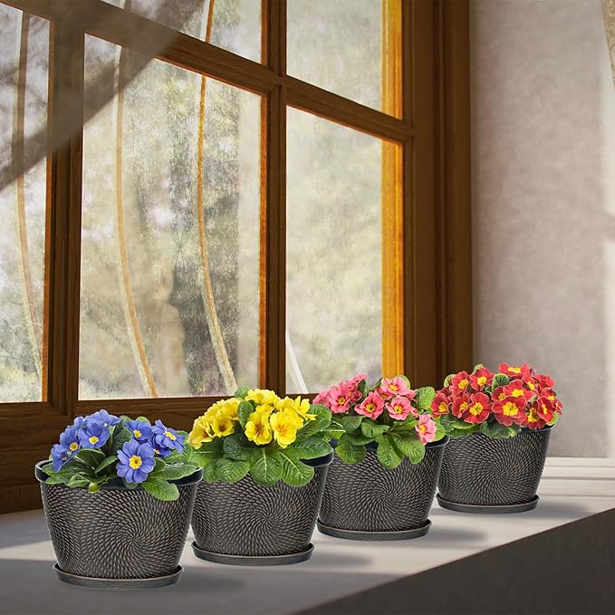Quarut 4 Pack 6 Inch Flower Pots for Outdoor Indoor, Plastic Plant Pots with Drainage Hole & Saucer, Lightweight Small Flower Pot, Circle Pattern Planters for Garden House planters???Brown???