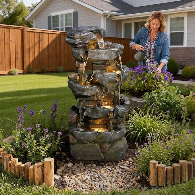 42" H Outdoor Water Fountain with 5 Tiers Large Cascading Realistic Tree Trunk Waterfall Fountains with LED Lights Outdoor Water Fountain for Garden Patio Backyard Porch Home Decor