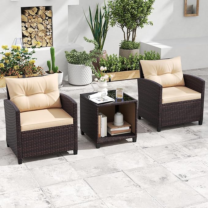 HAPPYGRILL 3 Pieces Patio Conversation Set, Outdoor Rattan Wicker Chairs & Coffee Table Set w/Cushions & Tempered Glass Tabletop, Porch Sofa Set for Backyard, Poolside