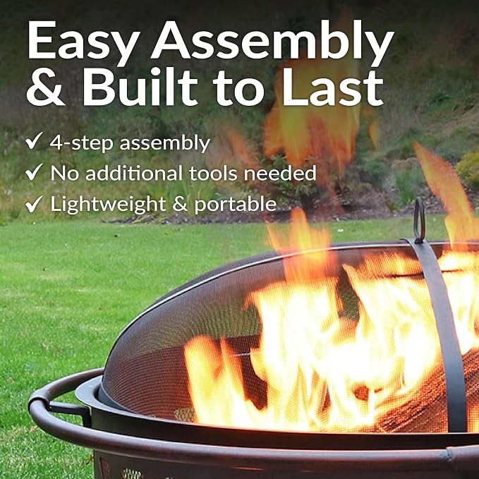 Sunnydaze Crossweave Outdoor Fire Pit - Wood-Burning Fire Pit for Outside with Spark Screen, Poker and Round Cover - 36-Inch - Bronze - Image 5