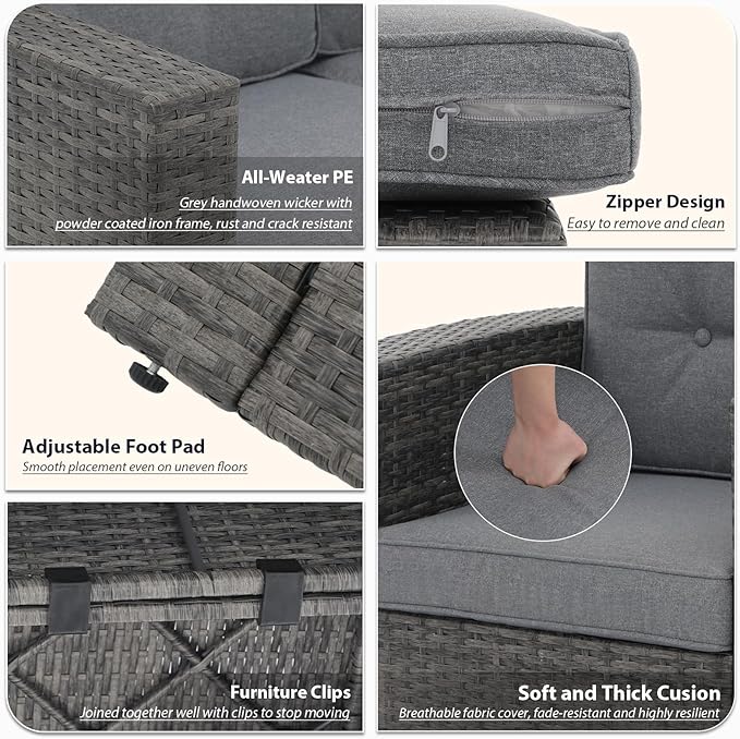 JOIVI 8 Pieces Patio Furniture Set with 45” Fire Pit Table, Outdoor Conversation Set with 50000 BTU Gas Fire Pit, Rattan Sectional Sofa Set with Storage Box for Garden, Backyard, Grey