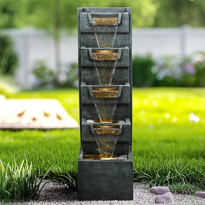 39.3" H Modern Water Fountain 5-Tier Outdoor Garden - Water Fountain w/LED Lights Cascading Waterfall Features for Home Garden Backyard Decor