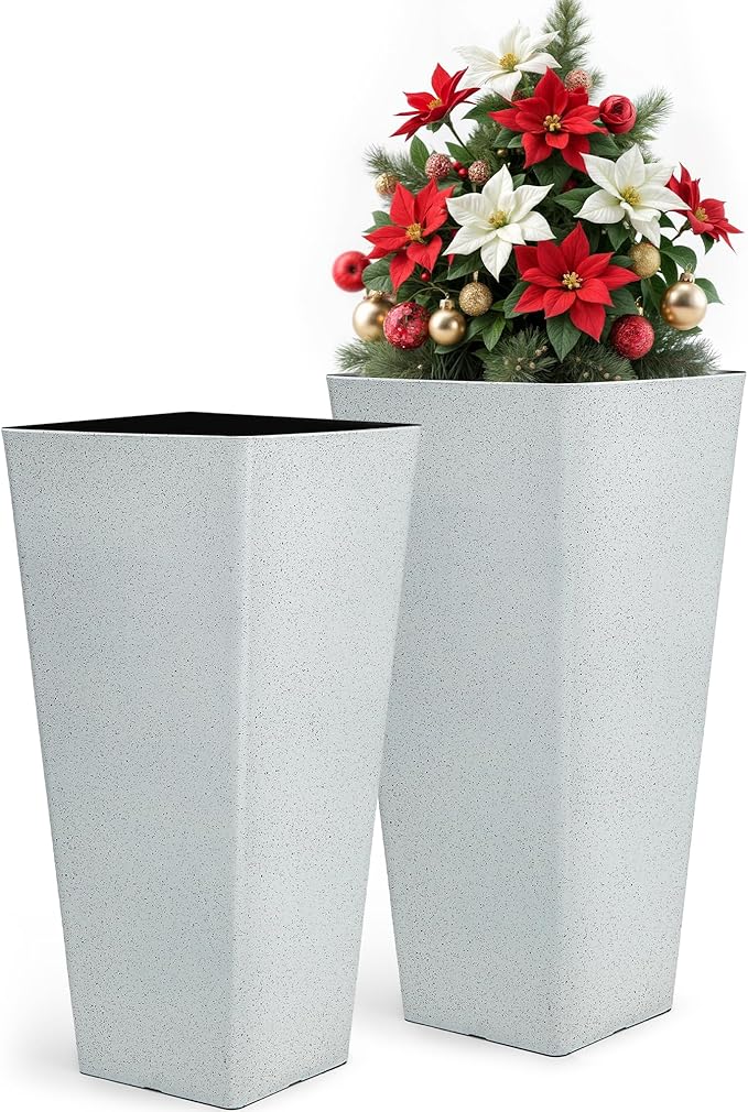 28" Tall Planters for Indoor Outdoor Plants, Set of 2 Large Tapered Flower Pots, Modern Plant Containers for Patio, Garden, Porch, Balcony or Home Decor, White Terrazzo, Durable & UV-Resistant