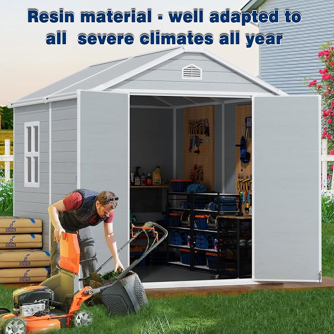 8x6 FT Outdoor Resin Storage Shed with Floor, All-Weather Plastic Garden Shed with Lockable Door & Windows, Waterproof Outside Tool Sheds for Backyard, Patio, Lawn, Tools Storage - Gray - Image 5