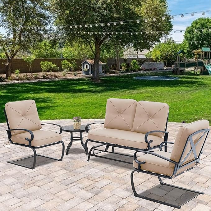 SOLAURA 4-Piece Outdoor Furniture Patio Conversation Sets Swing Glider Loveseat and Spring Lounge Chairs with Side Table for Garden, Deck, Balcony, Poolside, Lawns (Brown)