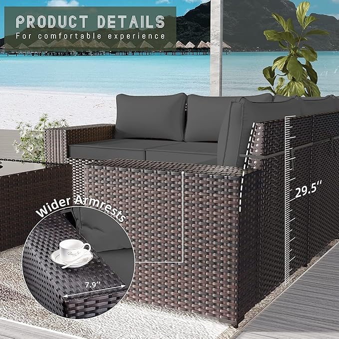12 PCS Outdoor Patio Furniture Set,Outdoor Sectional Furniture All Weather PE Rattan Wicker Patio Conversation Set with 2 Coffee Tables and 10 Thickened Cushions,Grey