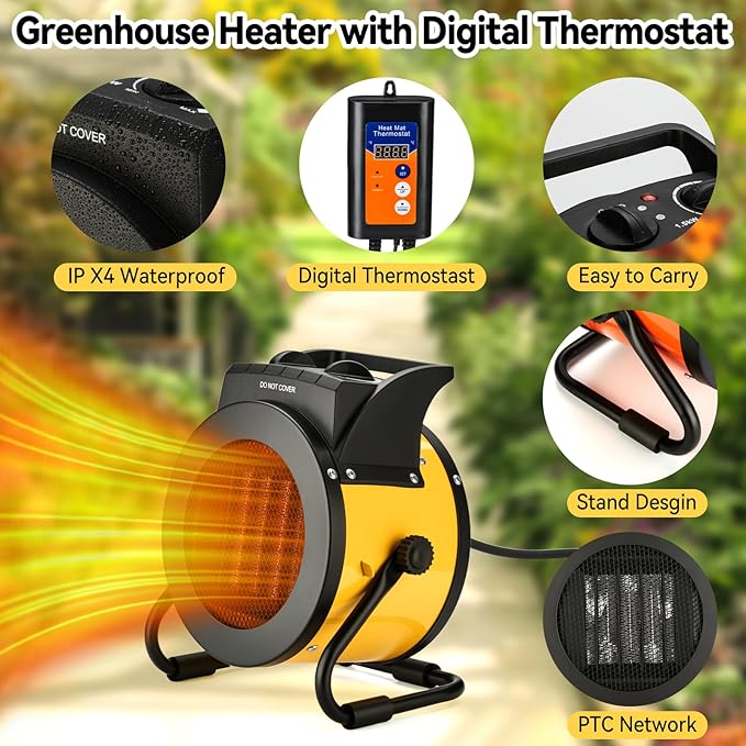 Greenhouse Heater with Thermostat, Outdoor Heaters for Patio, 3 Modes for PTC Ceramic Fast Heating, Overheat Protection, IPX4 Waterproof for Greenhouse, Grow Tents, Patio, Black-Yellow