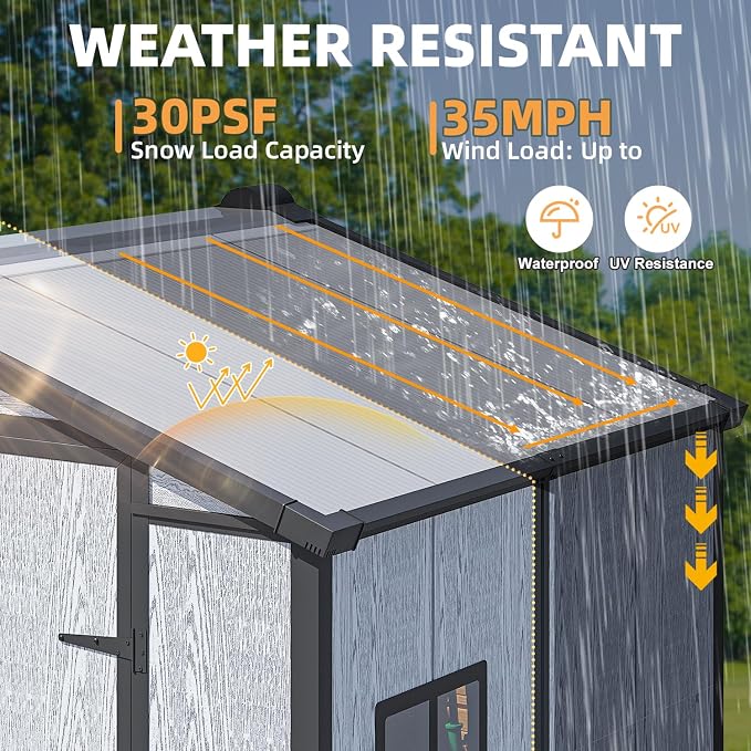MELLCOM 6x4 FT Resin Outdoor Storage Tool Shed with Windows and Lockable Door, Garden Storage Shed with Floor, Resin Outdoor Shed for Bike, Garbage Can, Lawnmower - Image 6