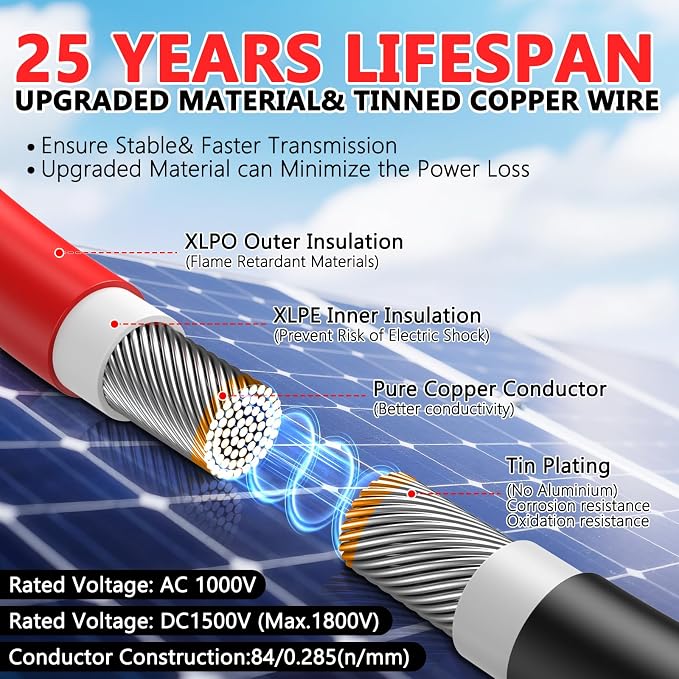 Vansdon 2x40 Feet Solar Panel Extension Cable, 10AWG Solar Cable, Solar Panel Cable with Female and Male Waterproof Connectors for RV, Photovoltaic Systems (40FT Red + 40FT Black) - Image 2