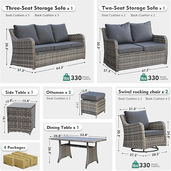 MEISSALIVVE 8 Pieces Patio Furniture Set with Swivel Rocking Chairs, Patio Conversation Set with Dining Table, Patio Dining Set with Waterproof Cushions for Lawn Backyard Porch (Grey)