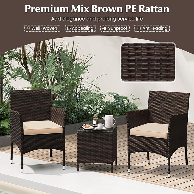 KOTEK 3 Piece Patio Furniture Set, Outdoor Wicker Patio Chairs with Soft Cushions & Tempered Glass Top Table, PE Rattan Bistro Set for Porch, Garden, Balcony (Beige)