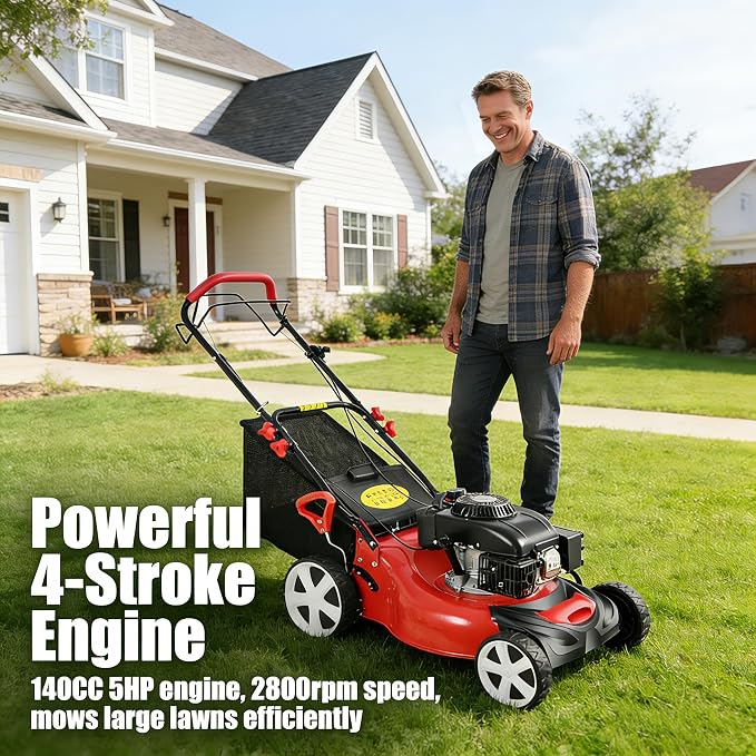 Self-Propelled Gas Lawn Mower, 140CC 5HP 4-Stroke OHV Engine, 20in Cutting Width 8 Adjustable Heights (1-3.2in), 15.9Gal Grass Bag for Yard Garden Lawn Maintenance - Image 2