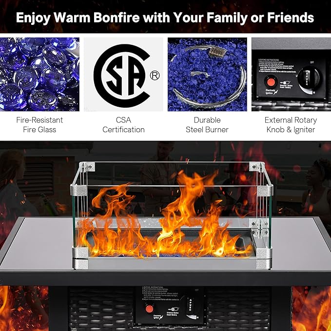 FHFO 5 Piece Outdoor Patio Furniture Set with 28”Gas Fire Pit Table & Ice Bucket Storage Box, Outdoor Wicker Rattan Patio Conversation Set for Outside, Poolside, Balcony, Porch, Black-Beige