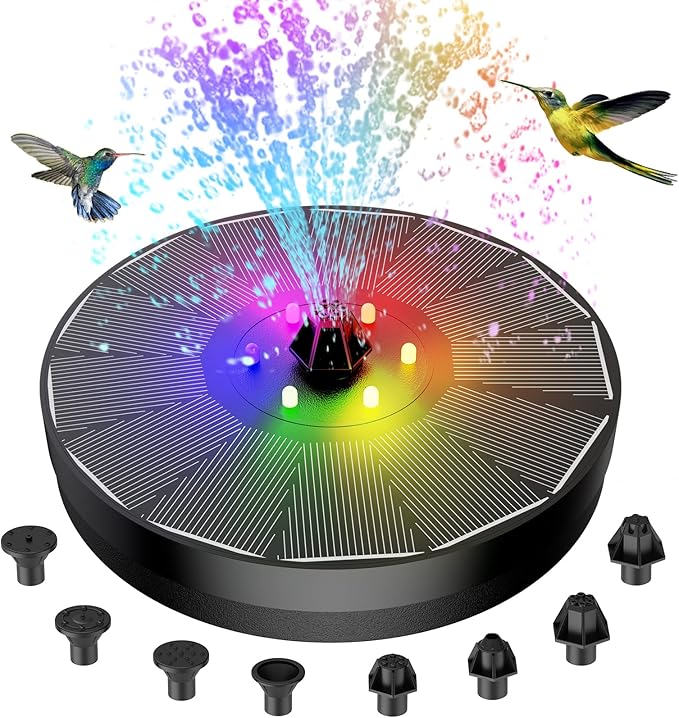 AMIAEDU Solar Fountain, Powered Water 4W Pump for Bird Bath with LED Lights, 7 Nozzle and Fixer Hummingbird Garden, Pond, Pool, Fish Tank, , Black