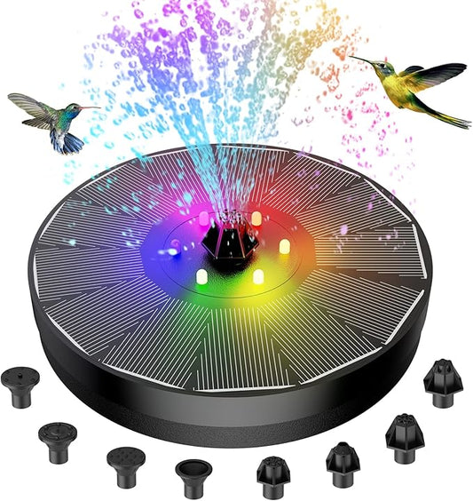 AMIAEDU Solar Fountain, Powered Water 4W Pump for Bird Bath with LED Lights, 7 Nozzle and Fixer Hummingbird Garden, Pond, Pool, Fish Tank, , Black