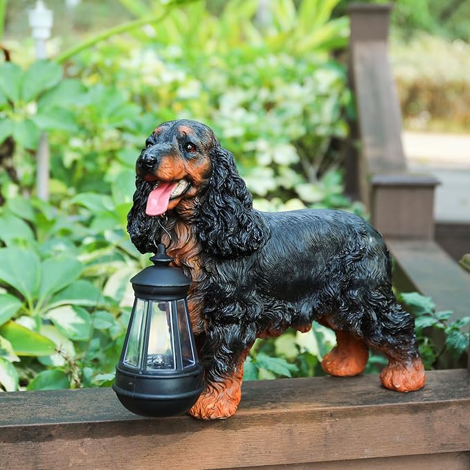 Afirst Solar Dog Statue Garden Decor- Outdoor Decor with Solar Lantern Lovely American Cocker Spaniel Figurine Patio Lawn Yard Art Ornaments Housewarming Gift