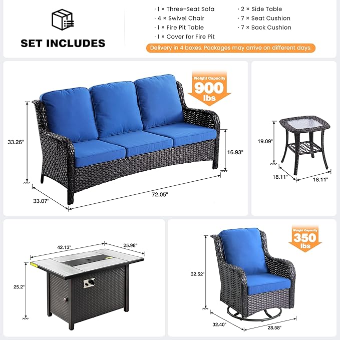 ovios 8-Piece Patio Furniture Set with Swivel Chairs Coffee Table, Outdoor Wicker Sofa with 42" Fire Pit Table, High Back Couch Modern Conversation Sets, Brown/Navy Blue