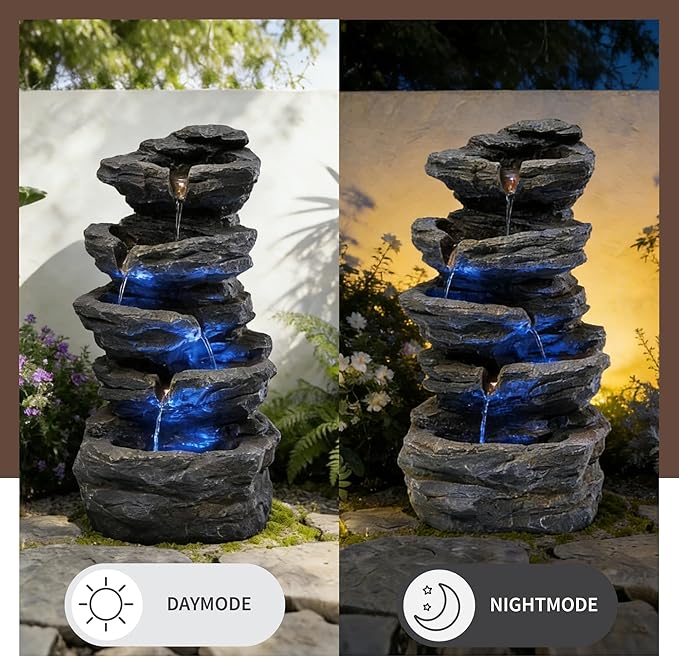 20" Outdoor Water Fountain with Lights, 5-Tiered Cascading Rock Water Fountain, Outdoor Garden Waterfall Decor for Garden, Patio, Courtyard
