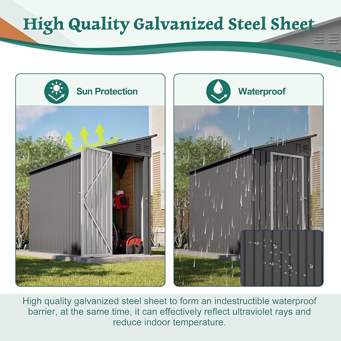 YOPTO 4×8 FT Lean to Metal Shed,Outdoor Heavy-Duty Storage Shed with Floor Base,All Weather Waterproof Garden Tool House W/Lockable Door&2 Air Vents,Reversible Door Design,for Backyard,Patio,Lawn,Gray - Image 10