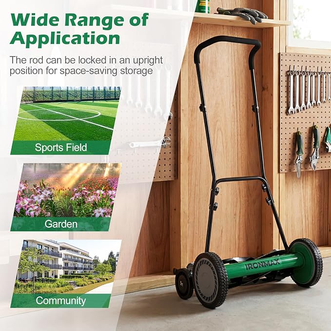 IRONMAX 18 Inch 5-Blade Push Reel Lawn Mower, 9-Level Adjustable Cutting Heights, Removable Grass Catcher, Lightweight No Motor Walk-Behind Manual Grass Cutter for Garden Yard Park (Green, 18 Inch) - Image 9