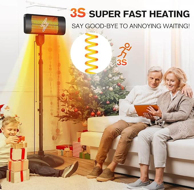 Outdoor Heaters for Patio, 1500W, 3 Heat Modes & 12H Timer, IP54 Waterproof Electric Heater with Adjustable Height, Tip-Over Protection, 78" Portable Infrared Heater for Indoor Outdoor use, Onyx